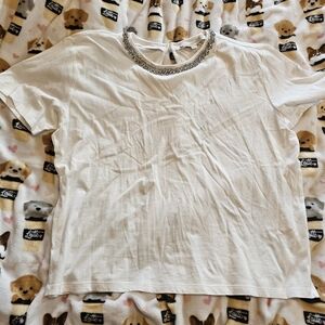 LOFT White Top with Silver Embellished Neckline